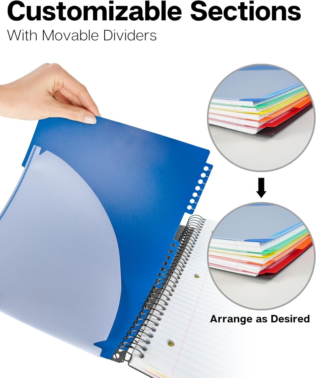 5-Subject Notebook College Ruled 8.5 X 11, 200 Sheets (400 Pages), Spiral Notebook 8.5X11 with Tabs, Movable Pocket Dividers, Front/Back Plastic Covers, Multi Subject Notebook