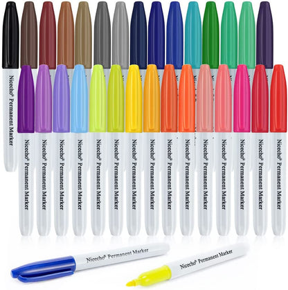 Permanent Markers, 30 Colored Fine Point Marker Pens, Waterproof Marker Works on Paper, Plastic, Wood, Metal and Glass