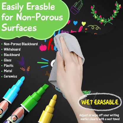 Liquid Erasable Chalk Markers Pens - 12 Colors Washable & Wet Erase Neon Makers for Blackboard, Chalkboard Signs, Glass Window, Graduation Celebration School Kids Art for Cars