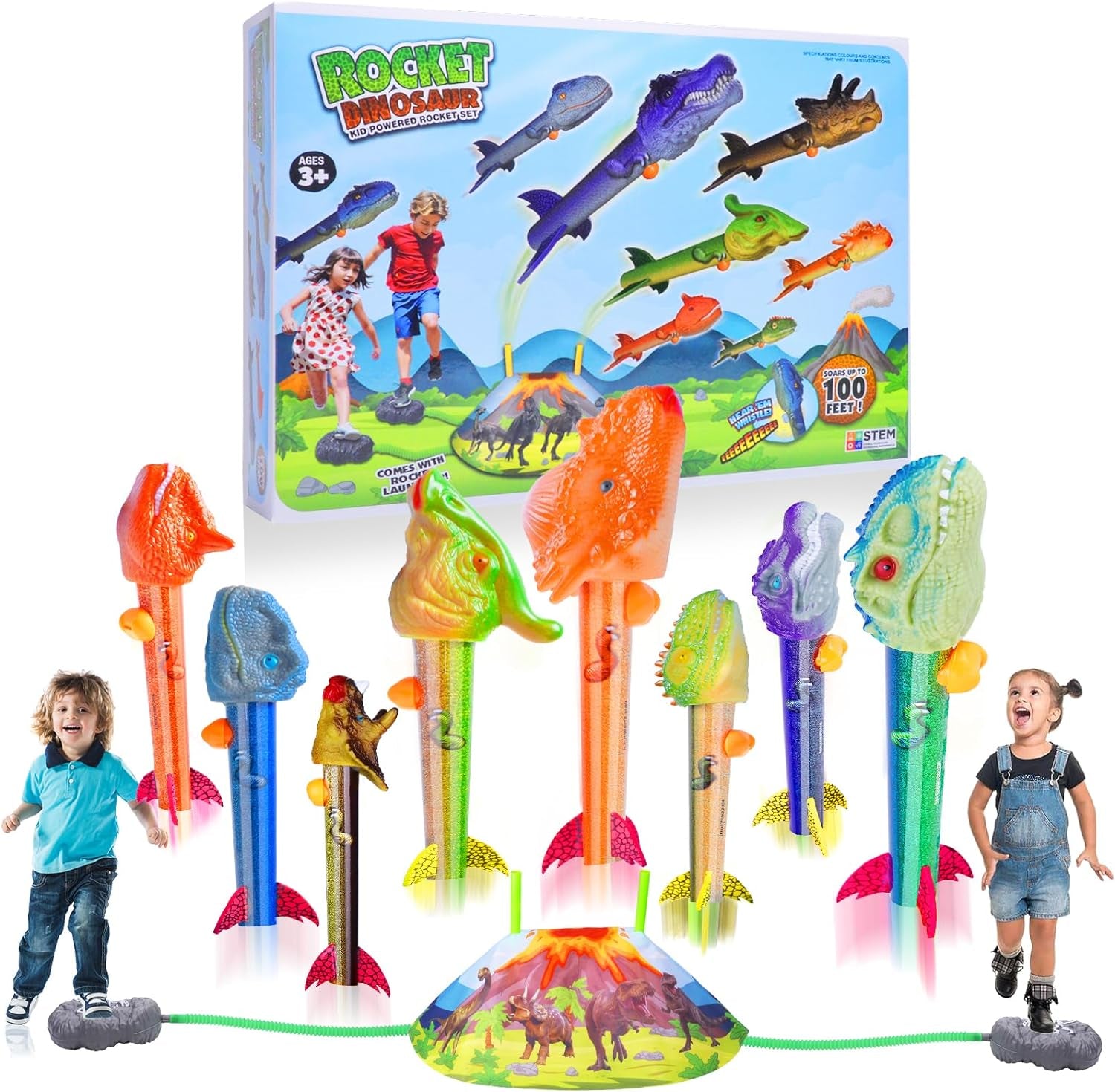 Dinosaur Rocket Launcher for Kids - Launch up to 100 Ft, 8 Rockets and 2 Pads for Multi-Player, Dinosaur Toys, Birthday Gift Ideas, Toys for 3 4 5 6 7 Year Old Boys, Outdoor outside Toys