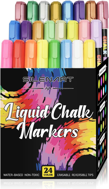 Chalk Markers Bulk - 24 Pack Chalk Pens - Neon, Metallic, and White Chalkboard Markers - Liquid Chalk Markers for Blackboard, Chalkboard, Windows and Glass, Bullet & Chisel Tip