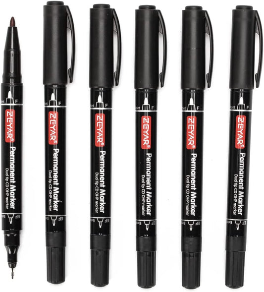 Twin Tip Permanent Markers, CD/DVD Markers, 6 Black Color, Ultra Fine Point and Fine Point for Signature and Marking (6 Black Color)