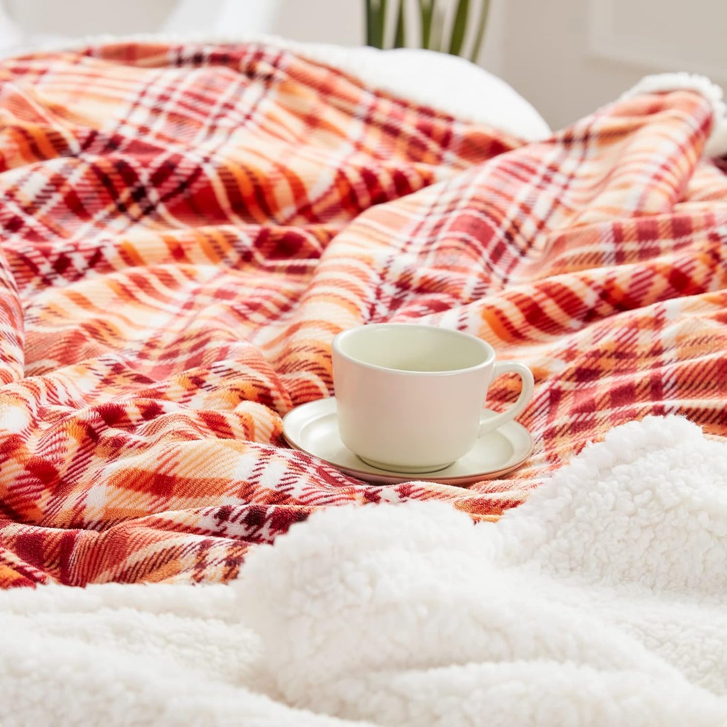 Sherpa Halloween Plaid Throw Blanket(60" X 70", Plaid Orange), Fuzzy Fluffy Cozy Soft Blanket, Fleece Flannel Plush Twin Size Microfiber Blanket for Couch Bed Sofa