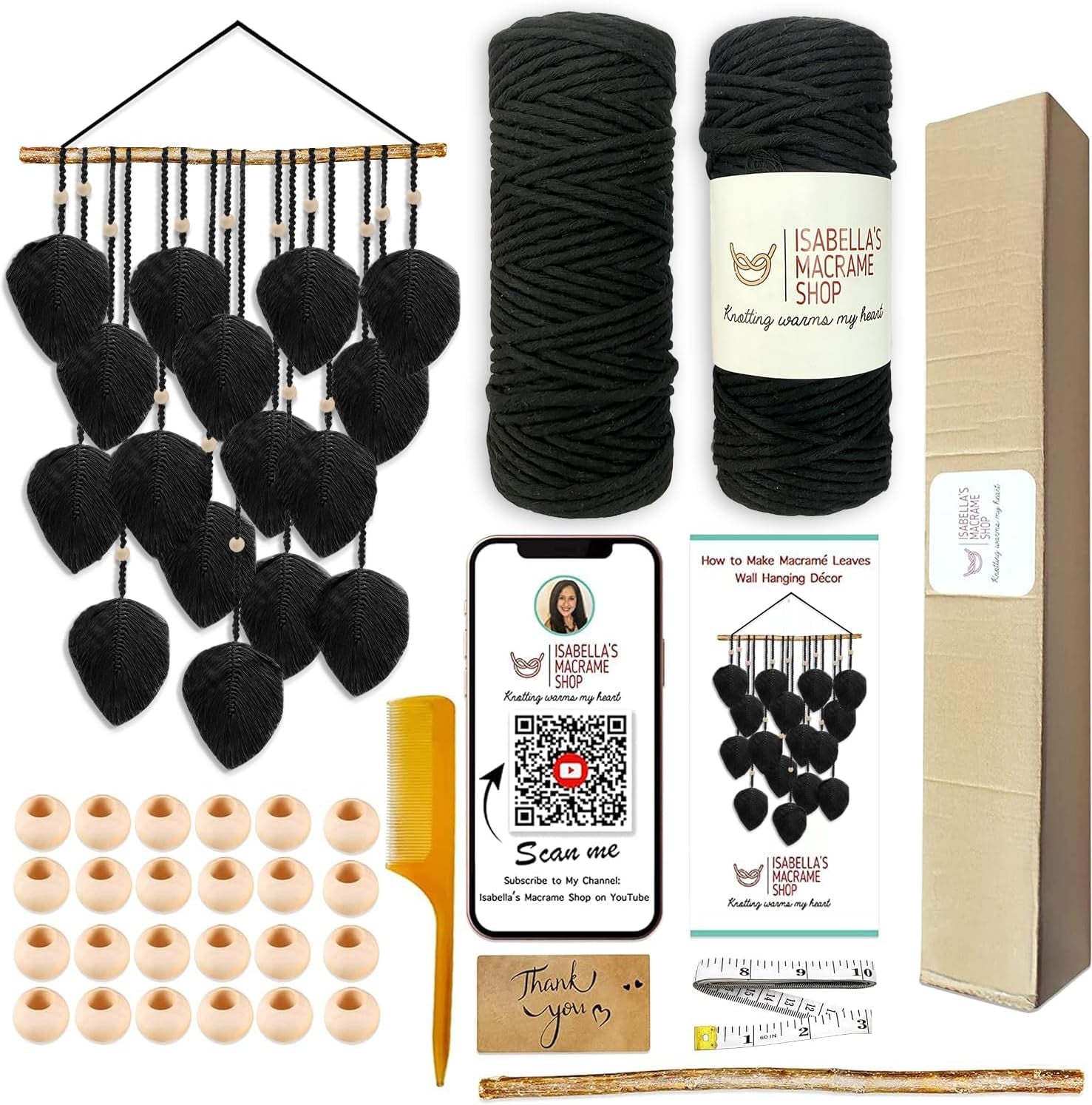 3Mmx180Yards Boho Macrame Kit -Macrame Supplies - Boho DIY Kits - Macrame Kits for Adults Beginners - Macrame Wall Hanging Kit -Leaf Tapestry, with 2 Macrame Rolls, Accessories & QR Code (Green)