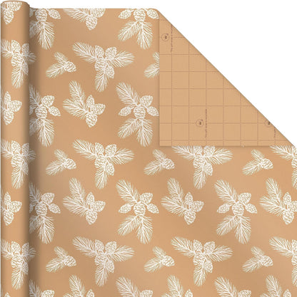 Christmas Wrapping Paper Rolls - Green Trees, White Pine Cones on Recyclable Brown Kraft Gift Wrap Paper (Set of 2 Rolls: 150 Sq. Ft. Ttl.) for Holiday Parties, Winter Weddings