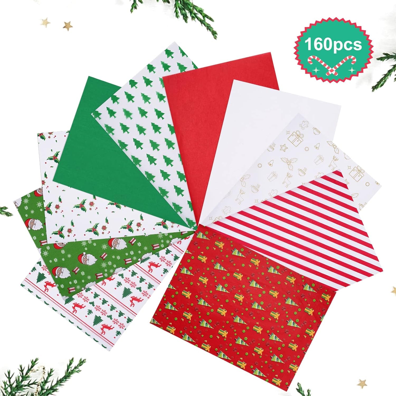 160 Sheets Tissue Paper, 19.7" X 19.7" Christmas Tissue Paper for Gift Bags, Xmas Tissue Paper for Gift Wrapping and DIY Gift Bags, Christmas Presents, Holiday Crafts (160)