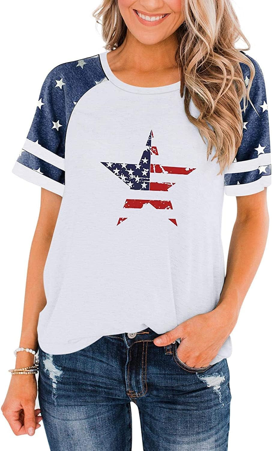 American Flag T Shirt Patriotic Shirts Women Veteran Shirt Raglan Short Sleeve Stars Stripes Top Tees