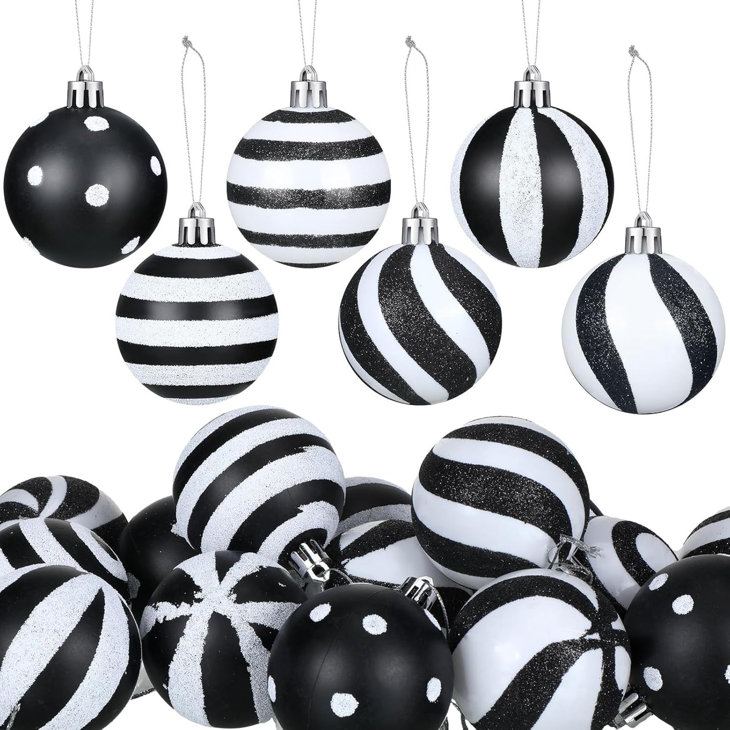 24 Pcs Christmas Black and White Ball 2.36 Inch Stripe Dot Hanging Xmas Ball Plastic Black Christmas Ornaments Christmas Decorations for Home and Holiday Party Christmas Trees Accessories