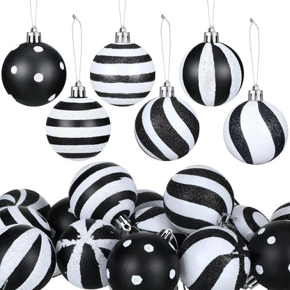 24 Pcs Christmas Black and White Ball Stripe Dot Hanging Xmas Ball Plastic Black Christmas Ornaments Christmas Decorations for Home and Holiday Party Christmas Trees Accessories (3.15 Inch)