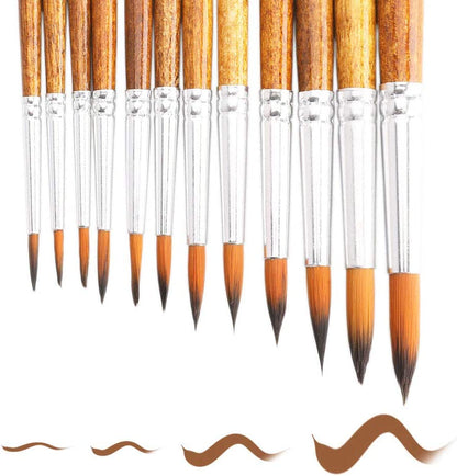 Artist Watercolor Paint Brushes, round Pointed Tip Paint Brushes Set, 12Pcs Different Sizes Detail Paint Brush for Watercolor, Acrylics, Ink, Gouache, Oil, Tempera (Brown)