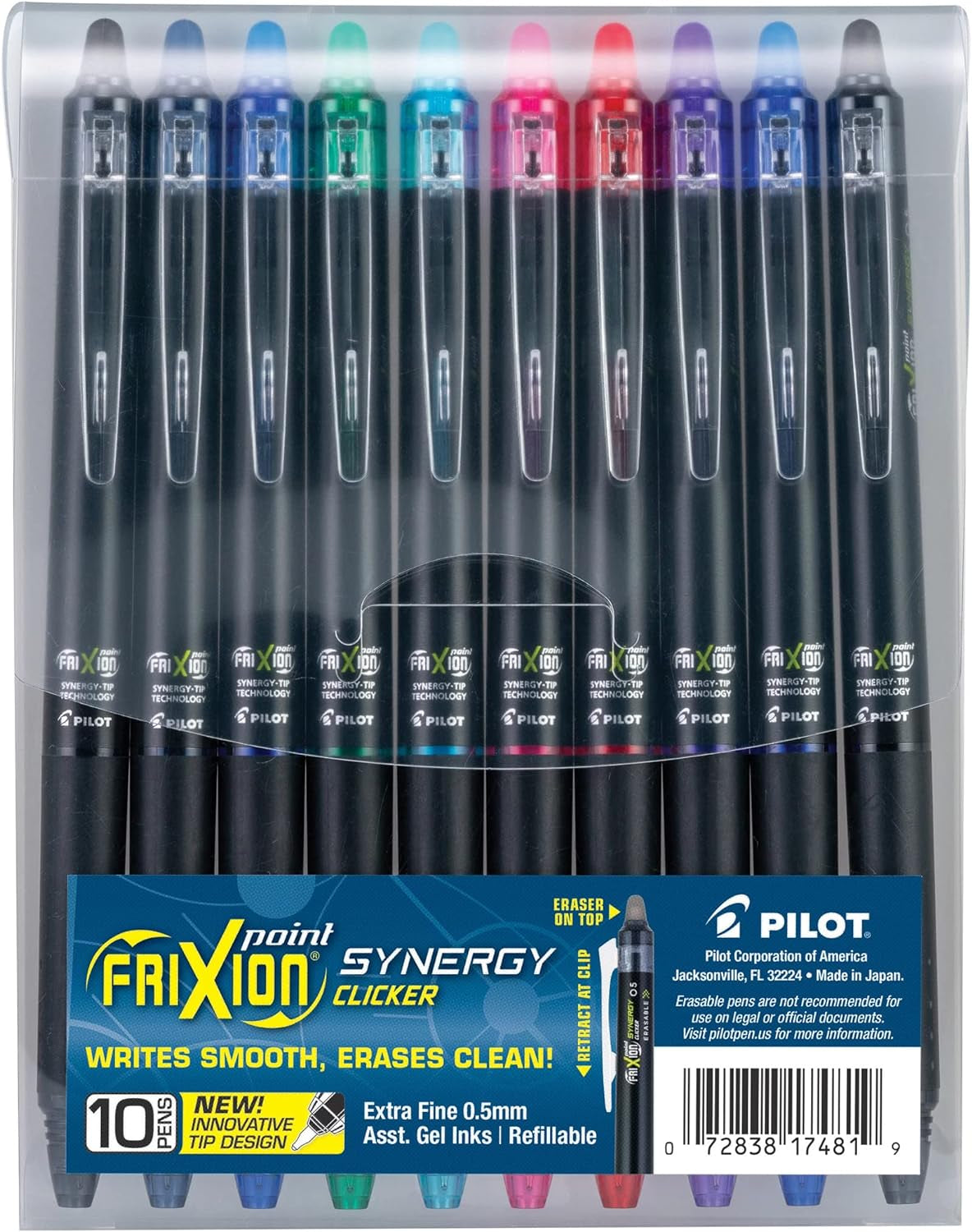 , Frixion Synergy Clicker Erasable, Refillable, Retractable Gel Ink Pens, Extra Fine Point 0.5 Mm, Pack of 10, Assorted Colors