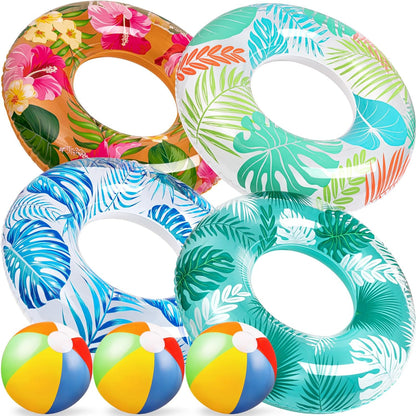 7PCS Luau Pool Floats: Hawaiian Swimming Rings with 13.5" Beach Balls - Inflatable Tubes Floaties Toys for Kids Adults