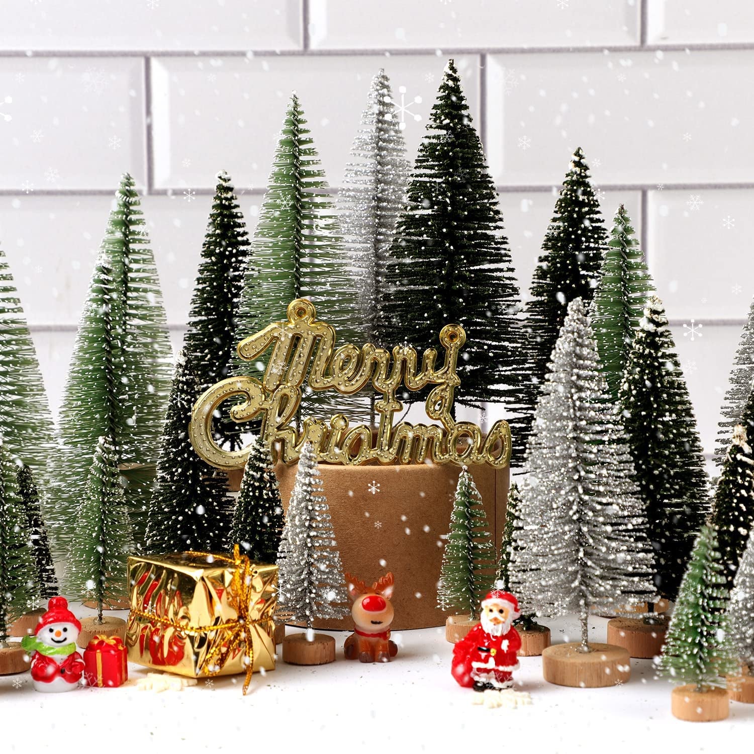 30Pcs Mini Christmas Trees Artificial Christmas Tree Bottle Brush Trees with Wooden Base for Christmas Decor Christmas Party Home Table Craft Decorations(Beige)