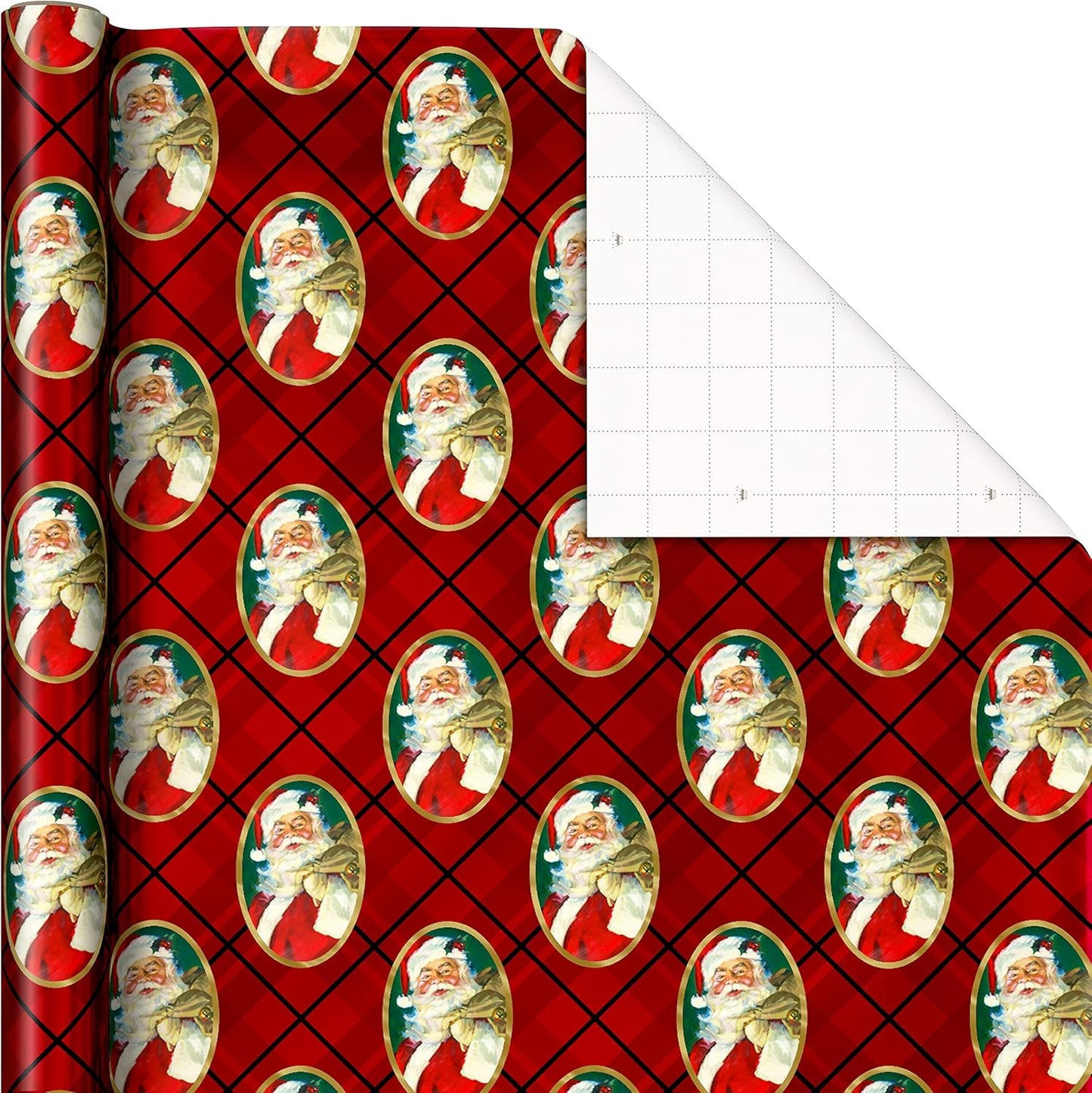 Foil Christmas Wrapping Paper with Cut Lines on Reverse (3 Rolls: 60 Sq. Ft. Ttl) Classic Santa Claus, Gold Merry Christmas, Green Plaid with Gold Trees