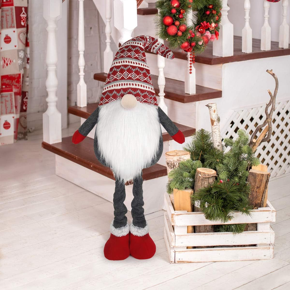 Large Standing Christmas Gnomes, 40 Inch Swedish Tomte Large Gnome Stuffed Plush with Retractable Spring Legs Knitted Hat Scandinavian Christmas Decorations Ornaments Holiday Home Decor