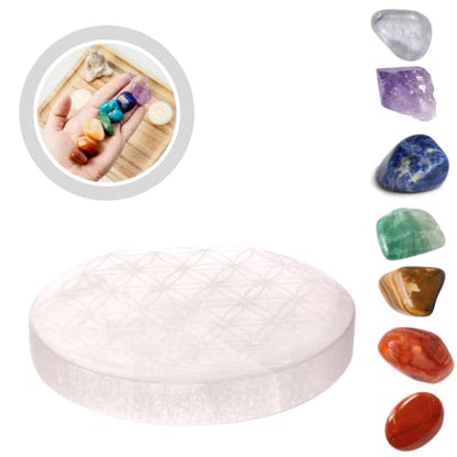 Chakra Stone Set with Selenite Charging Plate | 7 Crystals for Chakra Balance & Energy Cleansing | Crystal Kit for Beginners