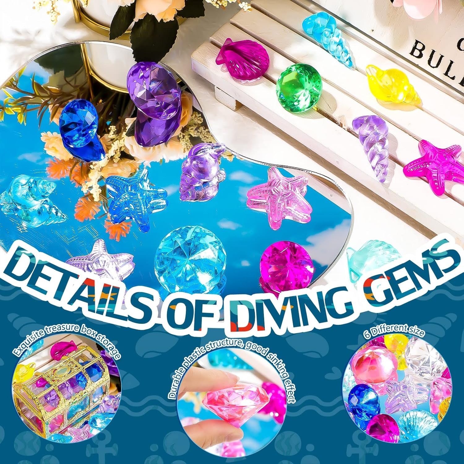 24 Pcs Diving Gems Toys Colorful Mermaid Pool Toys with 2 Treasure Pirate Boxes Summer Treasure Toys Set for Girls Underwater Swimming Birthday Prizes Decoration(Ocean Style)