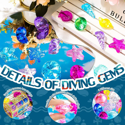 24 Pcs Diving Gems Toys Colorful Mermaid Pool Toys with 2 Treasure Pirate Boxes Summer Treasure Toys Set for Girls Underwater Swimming Birthday Prizes Decoration(Ocean Style)