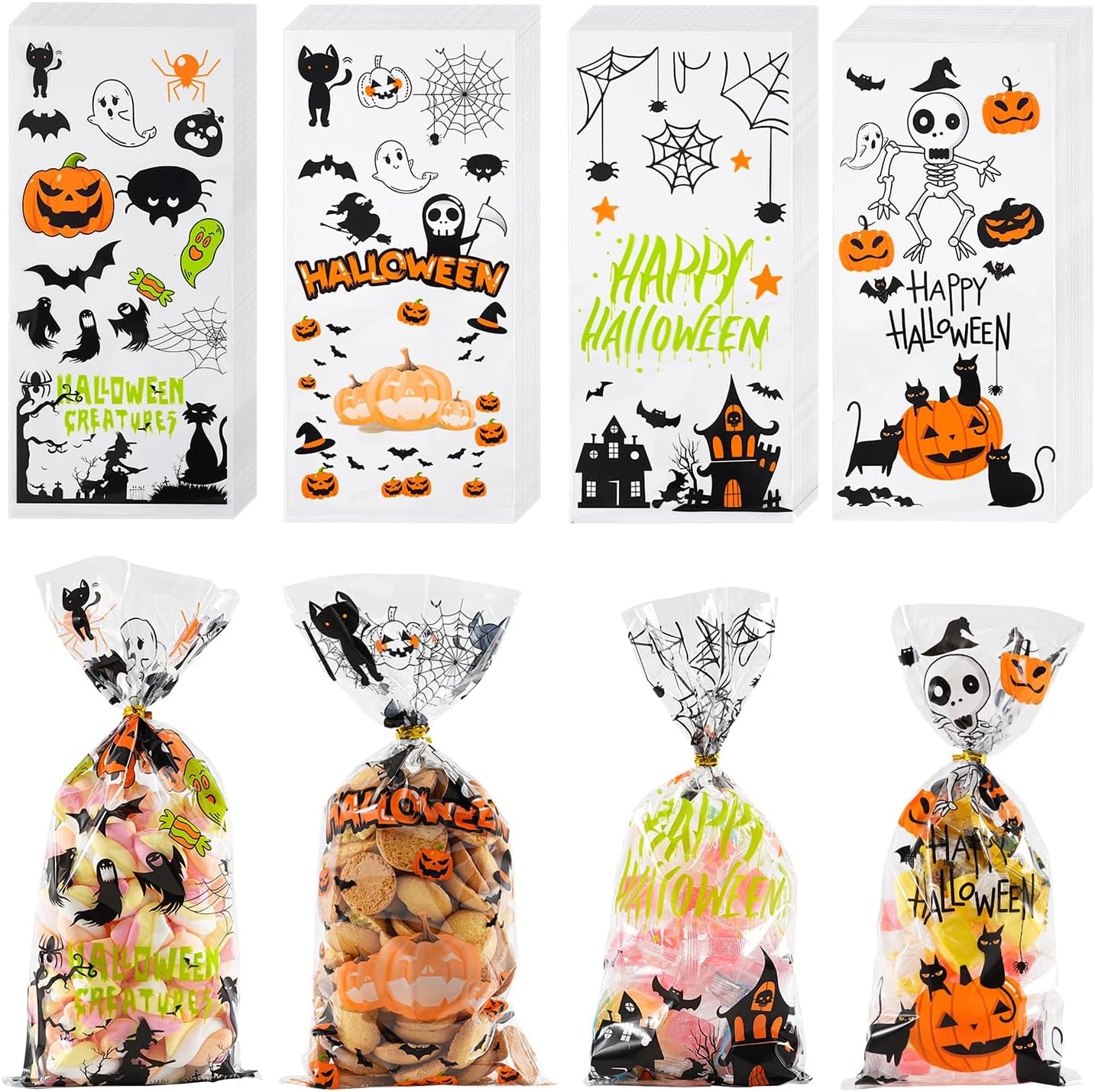 Halloween Cellophane Treat Bags, 180Pcs Halloween Trick or Treat Goody Gags with 200Pcs Twists for Snacks Cookies Packing, Halloween Goodie Bags Party Supplies