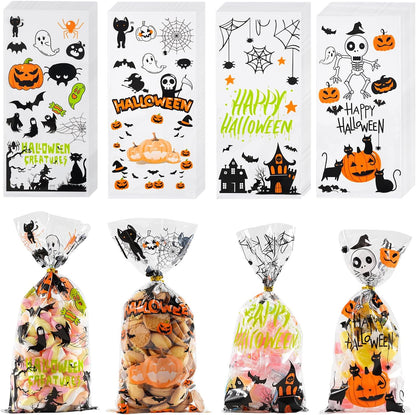 Halloween Cellophane Treat Bags, 180Pcs Halloween Trick or Treat Goody Gags with 200Pcs Twists for Snacks Cookies Packing, Halloween Goodie Bags Party Supplies
