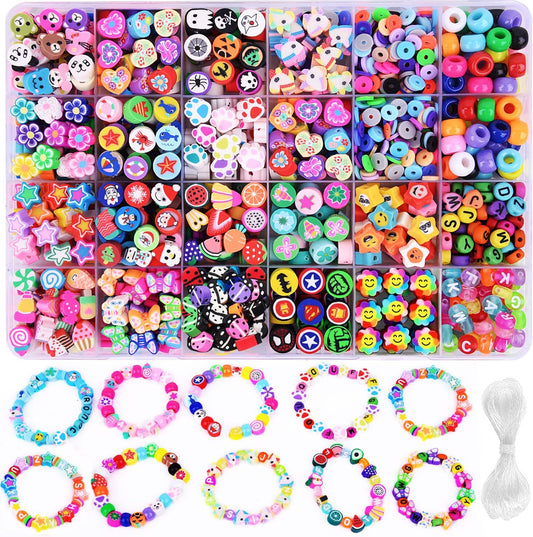 1000PCS Polymer Clay Beads Bracelet Making Kit, 24 Style Cute Fun Beads Fruit Flower Animal Cake Butterfly Heart Beads Charms for Jewelry Necklace Earring Making DIY Accessories for Women Girls