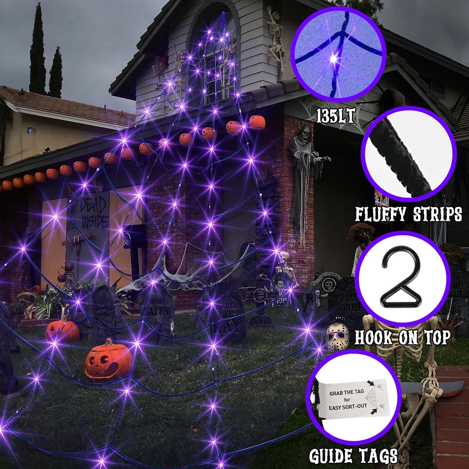 Halloween Decorations Outdoor Giant Spider Web Lights with 135 LED Purple & Orange Lights, outside Huge Lighted Black Spider Web Halloween Outdoor Light for Yard Party Haunted House Decor