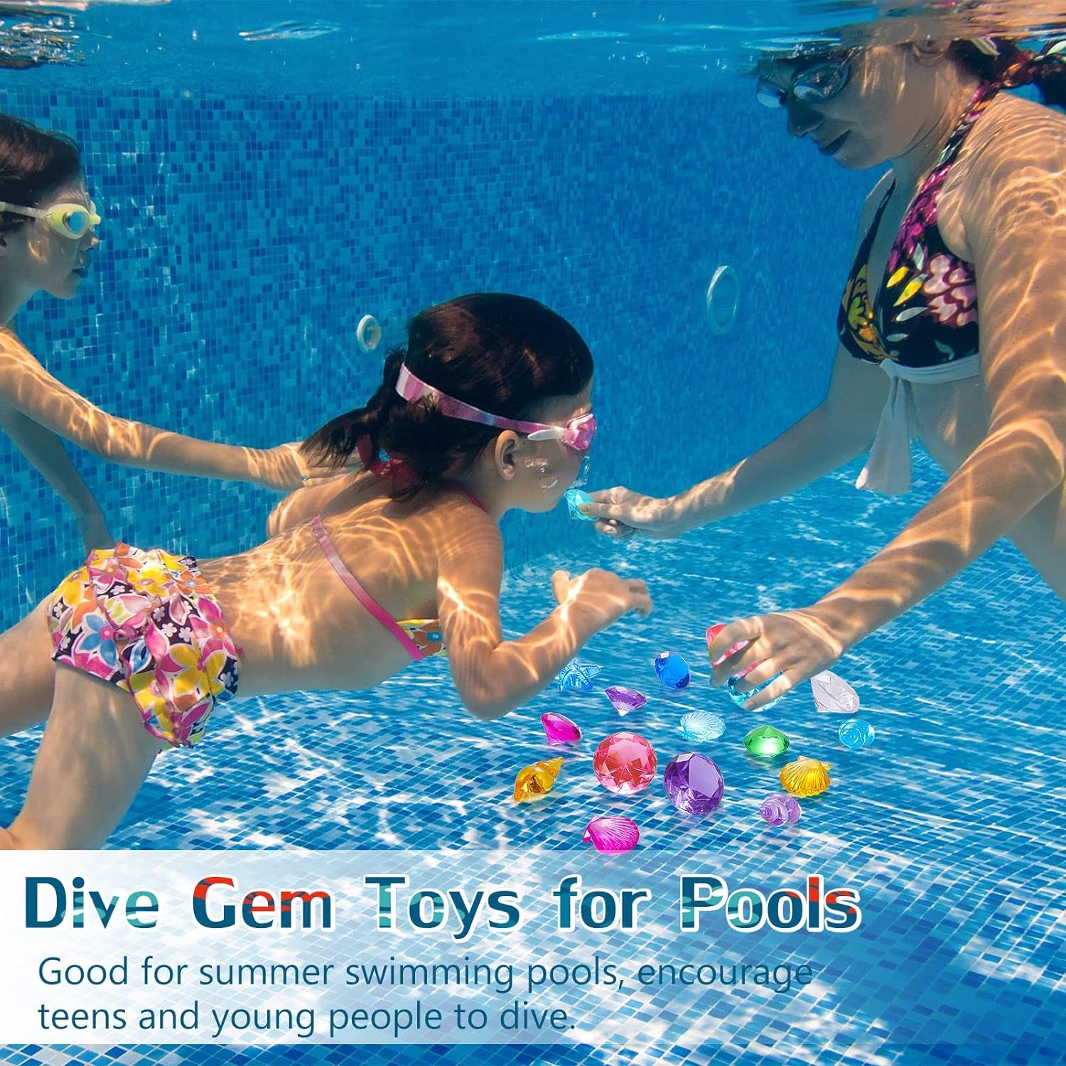 24 Pcs Diving Gems Toys Colorful Mermaid Pool Toys with 2 Treasure Pirate Boxes Summer Treasure Toys Set for Girls Underwater Swimming Birthday Prizes Decoration(Ocean Style)