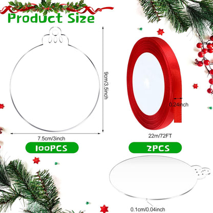 100 Pcs Christmas Clear Acrylic Ornament Blanks Bulk round Acrylic Discs Ornament Vinyl Christmas Hanging Circle Ornaments Blank with 2 Rolls Red Ribbon for Christmas Tree DIY Crafts (3 Inch)