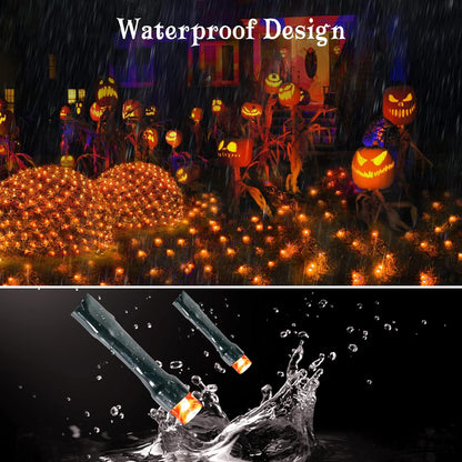 Halloween Net Lights, 200 LED 8.2Ft X 4.9Ft Orange Halloween Bush Lights with 8 Modes, Timer, Connectable, Waterproof and Green Wire Design for Trees, Bushes, Halloween Decorations Outdoor