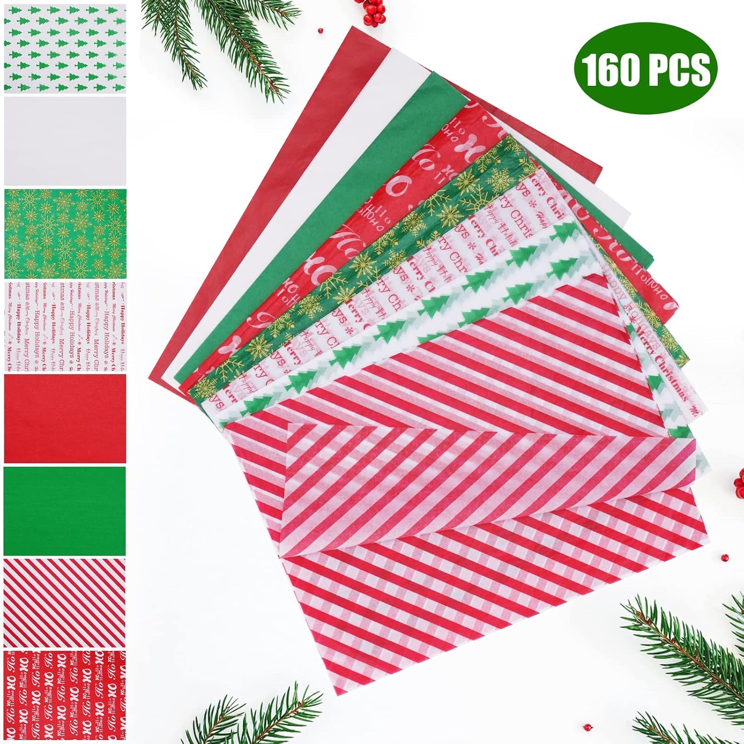 Tissue Paper for Gift Bags 160 Sheets 19.7 ''X 19.7 '' Christmas Tissue Paper for Gift Wrapping, 8 Different Designs Christmas Wrapping Paper Bulk for DIY Crafts Holiday Decor(160)