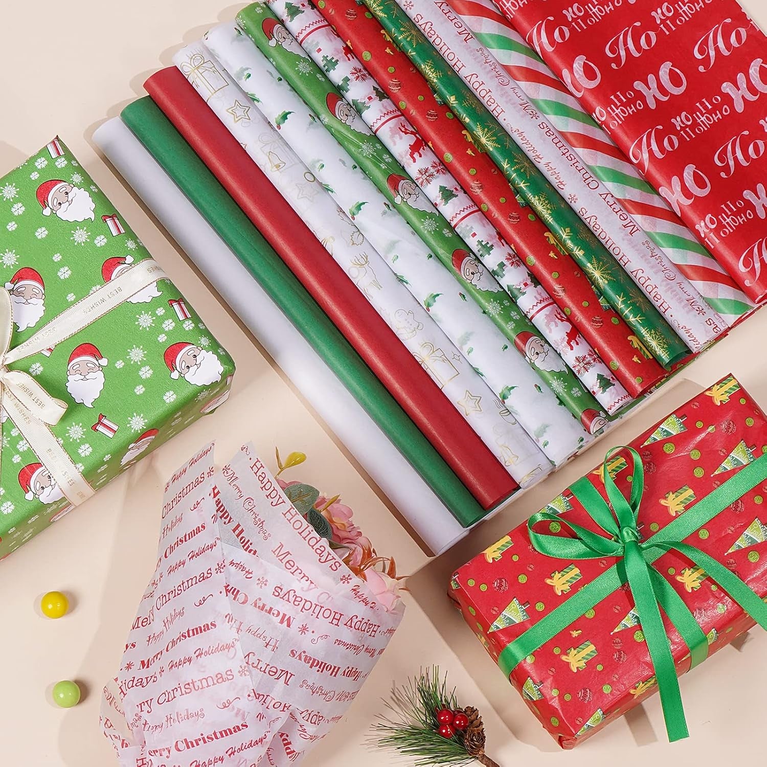 Christmas Tissue Paper, 180 Sheets 19.7" X 19.7" Xmas Wrapping Paper in 12 Different Designs Christmas Series Tissue Paper Bulk for Gift Wrapping Wine Bottles DIY Crafts Decor