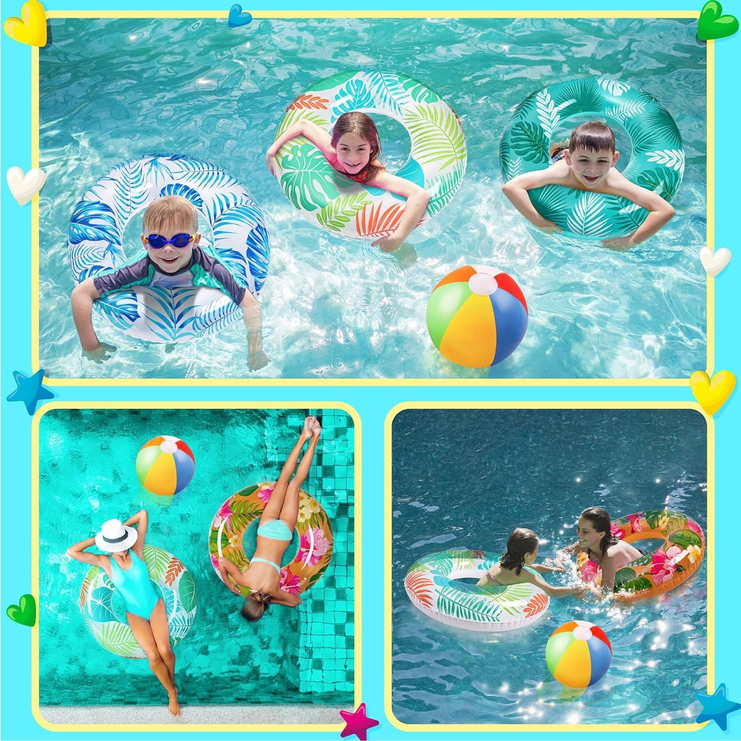 7PCS Luau Pool Floats: Hawaiian Swimming Rings with 13.5" Beach Balls - Inflatable Tubes Floaties Toys for Kids Adults