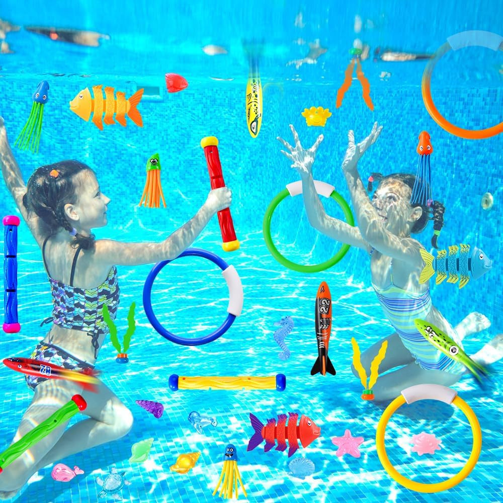 35PCS Pool Diving Swimming Toys, Summer Underwater Game Toys with Pool Fishes Dive Sticks Rings Gems Storage Bag for Kids Swim Birthday Party Favors