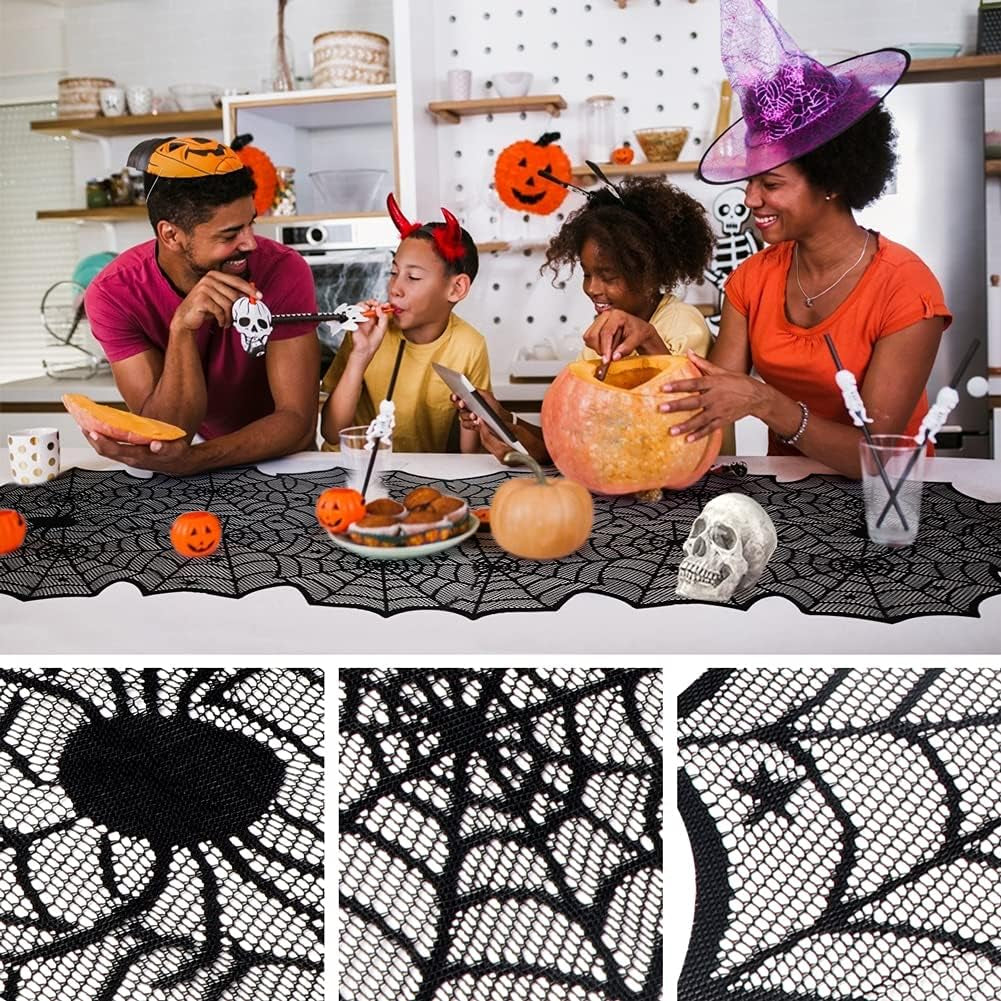 Halloween Table Runner, Black Lace Spider Web Table Runners for Halloween Table Decor, Creepy Table Cloth for Halloween Party Dinner Table Decoration 18 X 72Inch