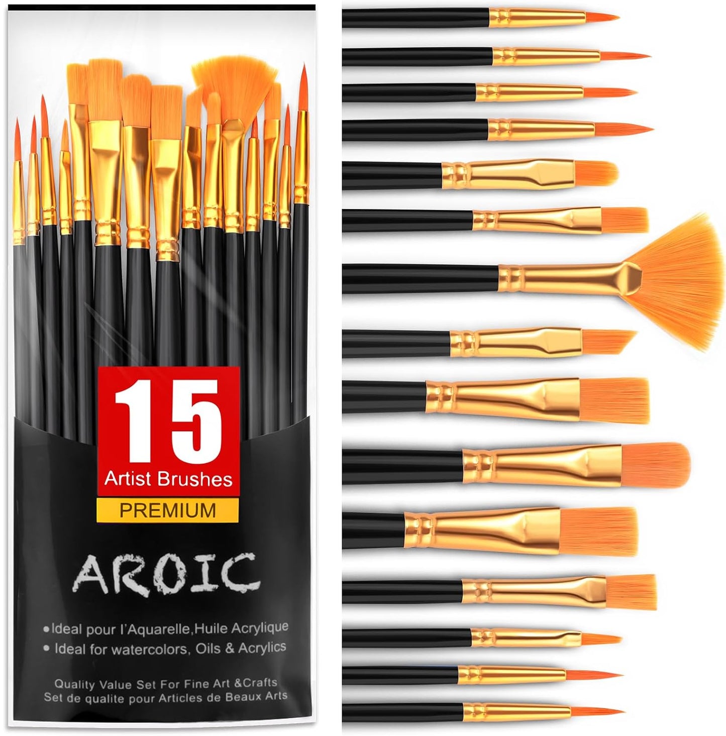 Acrylic Paint Brush Set, 15 Pcs Nylon Hair Paint Brushes for All Purpose Oil Watercolor Face Body Rock Painting Artist, Small Paint Brush Kits for Kids Adult Drawing