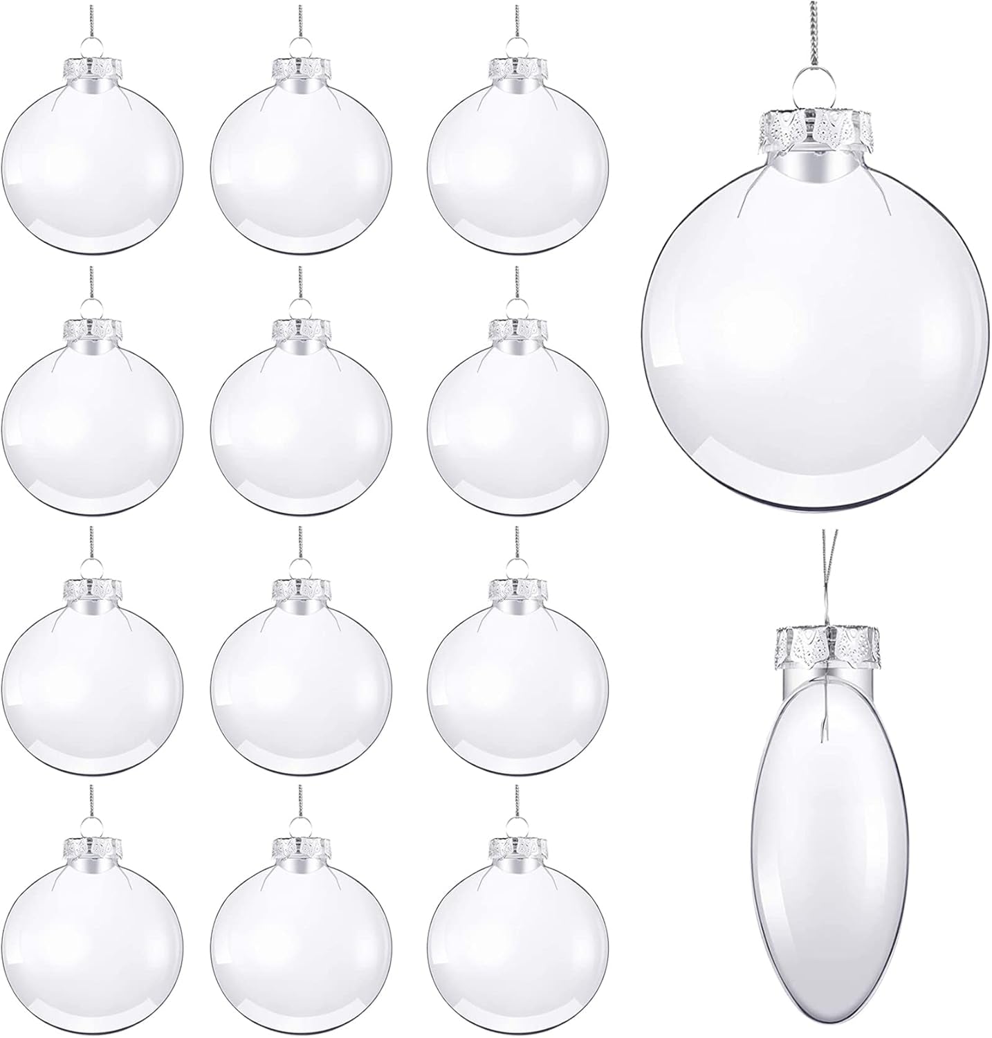 12Pcs Christmas Ornaments 3.15 Inch Clear Plastic Discs Flat Transparent Fillable Balls with Rope and Removable Metal Cap Christmas Hanging Ornaments for Craft DIY Christmas Tree Wreath Decor(80Mm)