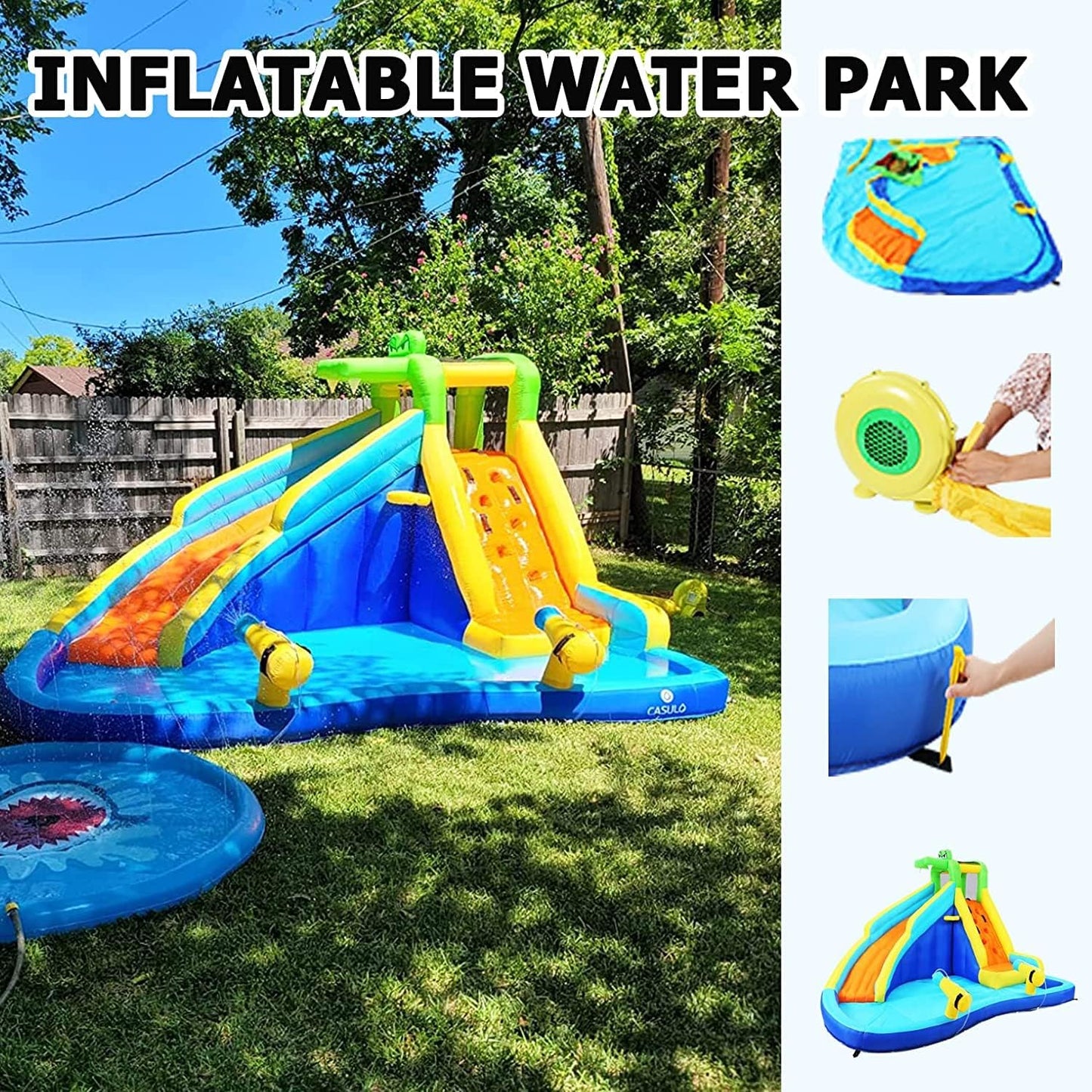 Inflatable Water Slide, 6 in 1 Outdoor Inflatable Water Park with Climbing, Basketball Rim, Splash Pool, Water Cannon, Blow up Water Slides for Kids Backyard