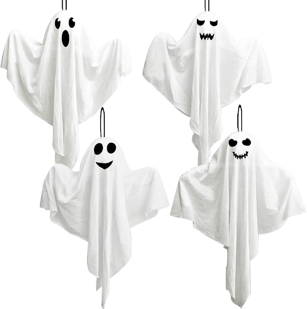 4 Pack Halloween Hanging Ghosts, 27.5" Light-Up Cute Flying Ghost Decorations for Front Yard Patio Lawn Garden Party Décor and Holiday Decorations