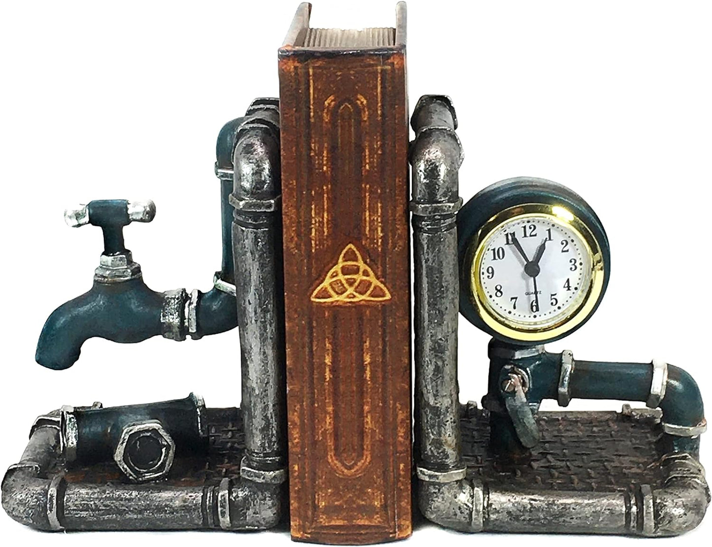 Industrial Tap Pipe Bookends, Decorative Book Ends for Bookshelves, Rustic and Vintage Decor for Home, Office Desk, and Bookcases Decoration, Handmade 8 Inch Polyresin, 2 Pcs