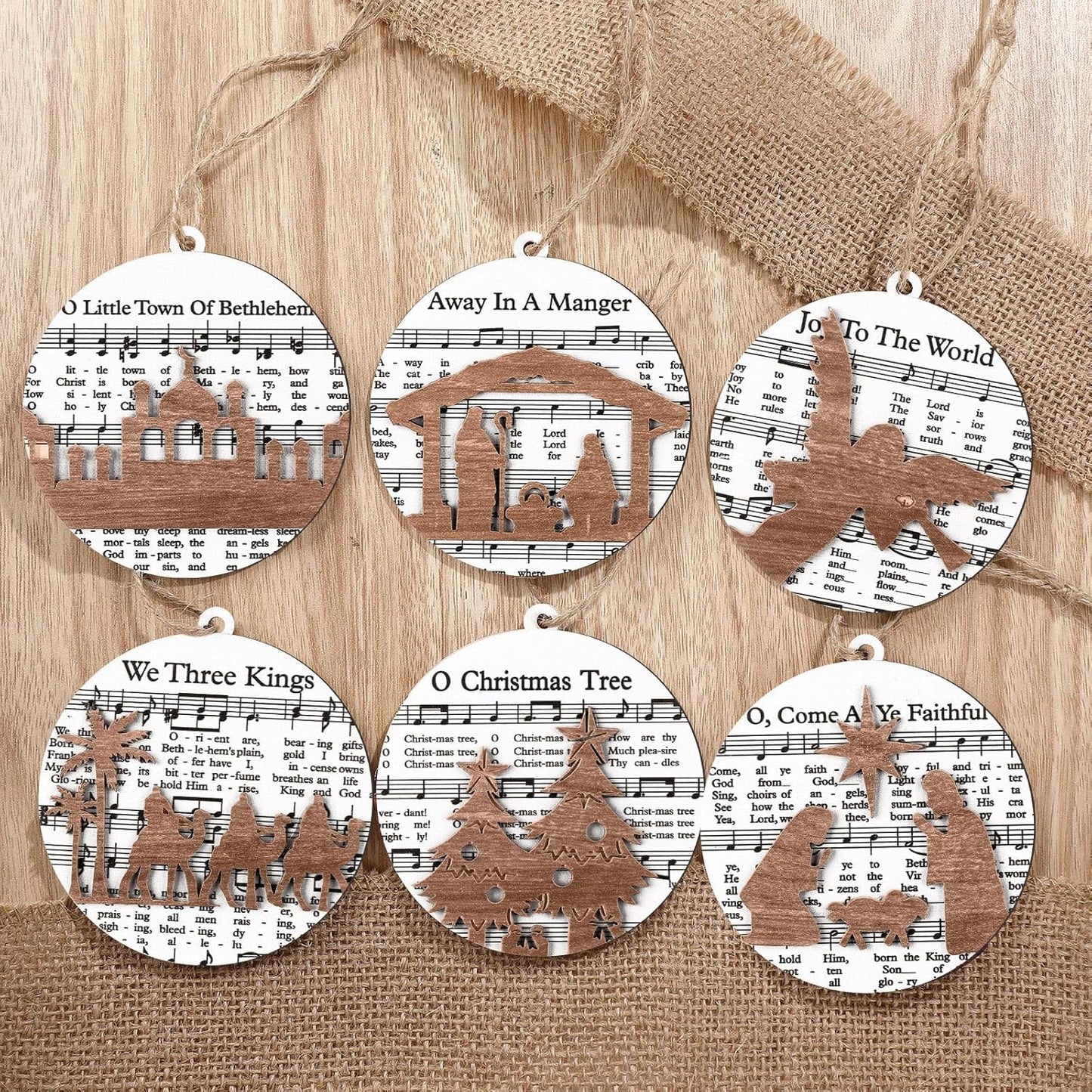 6 Pcs Christmas Nativity Ornaments Christian Music Sheet Nativity Scene Ornaments Wooden Christmas Hanging Ornament Bulk for Xmas Tree Birth of Jesus Religious Gift for Family(Vivid Style)