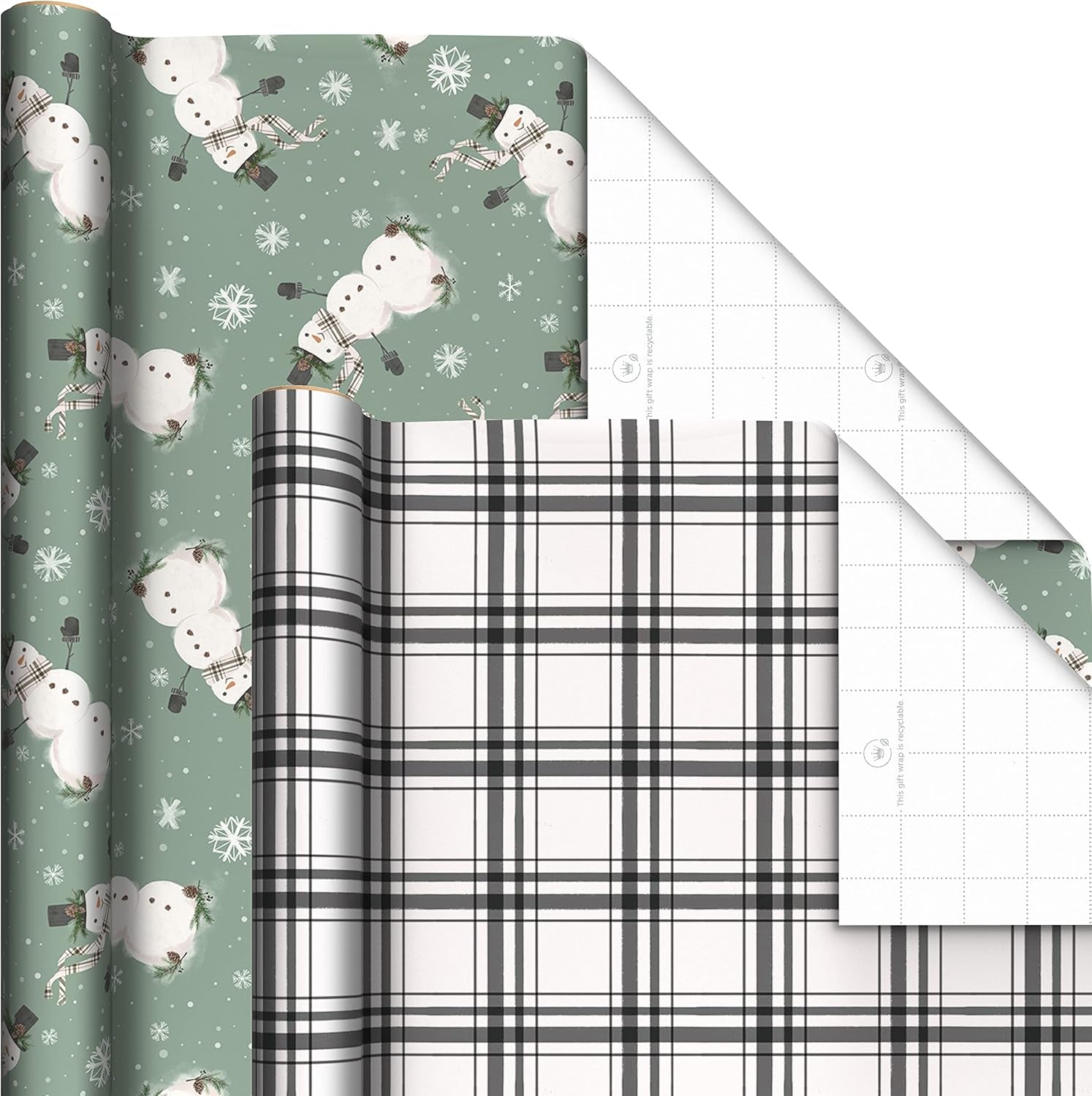 Recyclable Neutral Christmas Wrapping Paper (4 Rolls: 100 Sq. Ft. Ttl) White and Sage Green Evergreen Pinecones, Rustic Snowmen, Plaid, Nordic Deer and Foliage