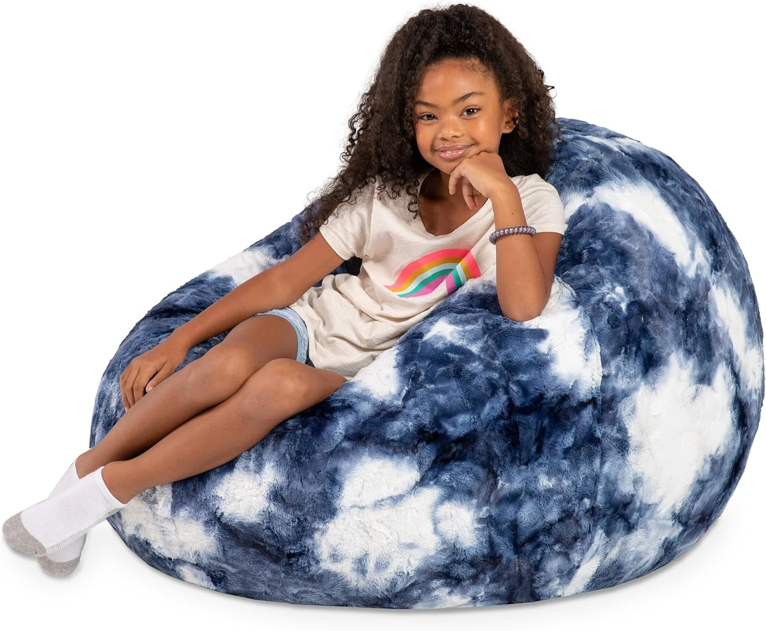 Cocoon 4 Foot Bean Bag Chair - Faux Fur, Blue & White Print