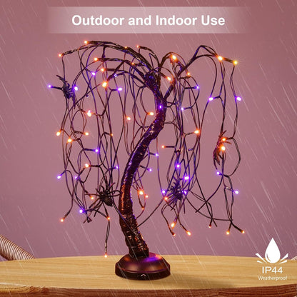 24Inch Halloween Lighted Willow Tree Bonsai Light 80 Orange and Purple LED Lights Table Top Lamp Artificial Tree Desk Decor with 4 Spiders Adapter Plug In/Battery Powered for Christmas Decoration