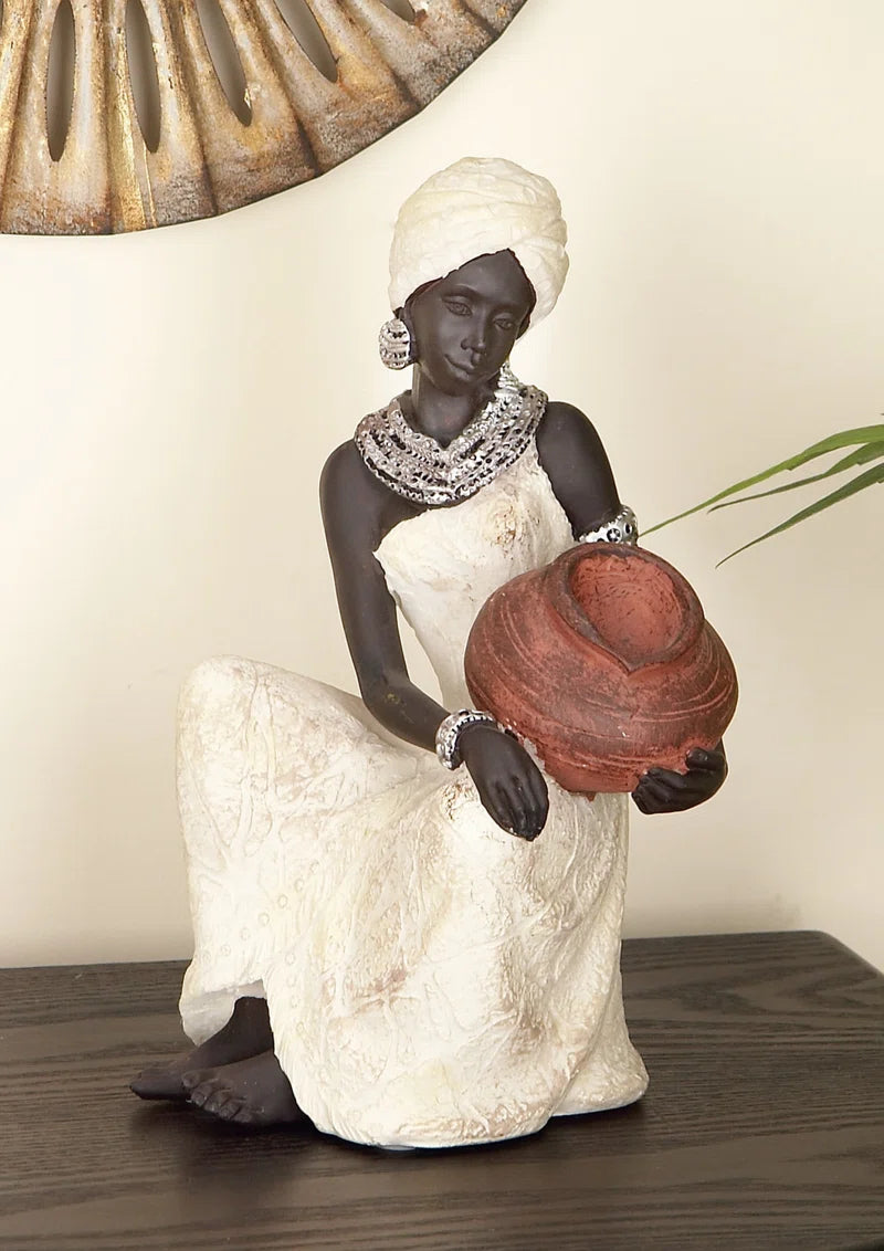 Harly Cream Polystone Sitting African Woman Sculpture with Red Water Pot