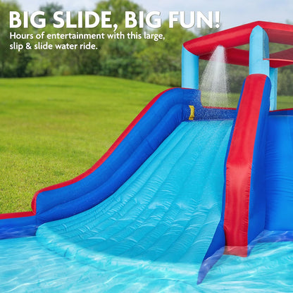 Four Corner Inflatable Water Slide Park – Heavy-Duty for Outdoor Fun - Climbing Wall, Slide & Deep Pool – Easy to Set up & Inflate with Included Air Pump & Carrying Case