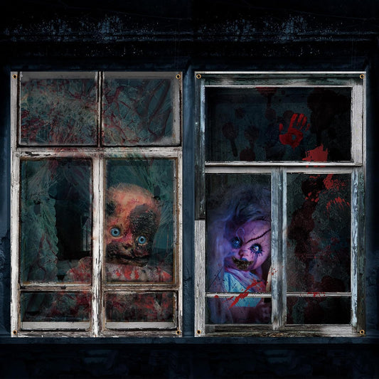 2 Pcs Scary Halloween Curtain Halloween Window Silhouette Decoration Blood Halloween Window Cover Horror Halloween Theme Window Poster for Indoor Outdoor Party Wall Door Decor (Creepy Doll)