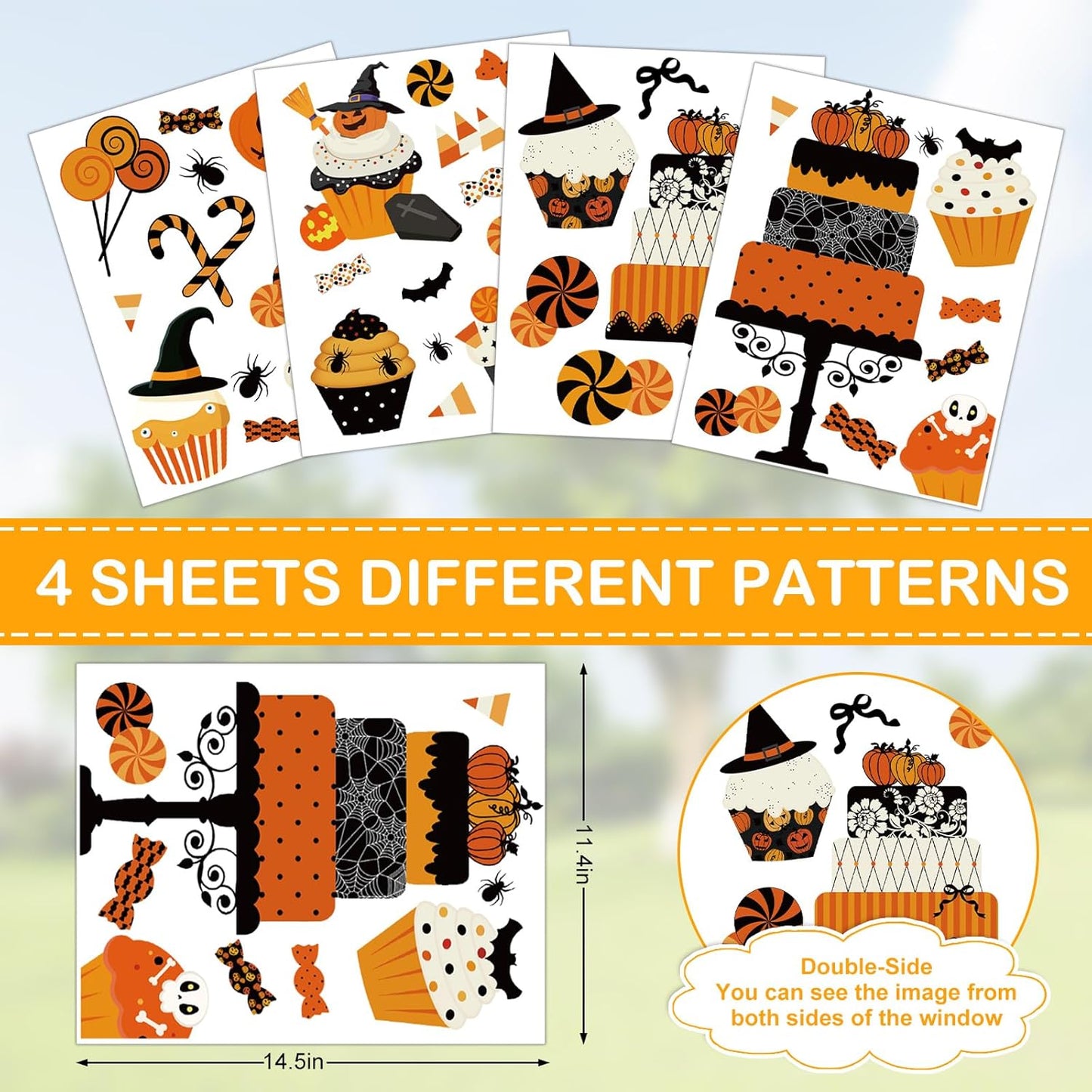 Halloween Window Cling Stickers Pumpkin Cake Cupcake Candy Double-Sided Reusable Window Decals for Birthday Baby Shower Party Home Classroom Decor, 4 Sheets