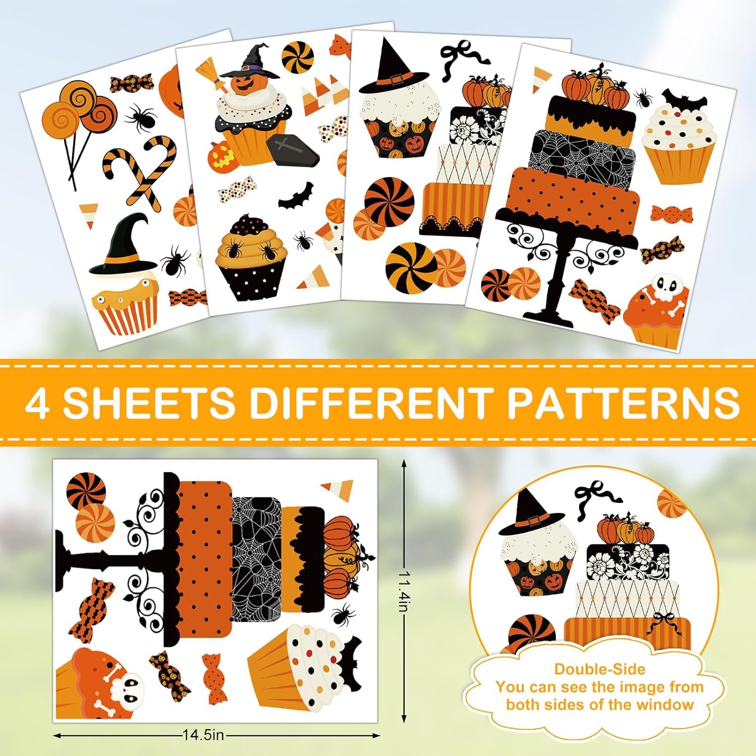 Halloween Window Cling Stickers Pumpkin Cake Cupcake Candy Double-Sided Reusable Window Decals for Birthday Baby Shower Party Home Classroom Decor, 4 Sheets