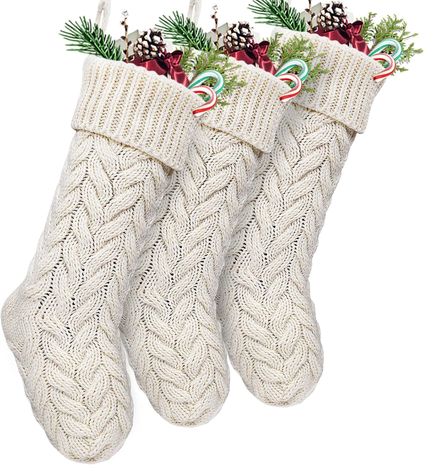 Christmas Stockings, 3 Pack 18 Inches Large Size Cable Knit Knitted Xmas Rustic Personalized Stocking Decorations for Family Holiday Season Decor,Ivory, Khaki, Grey