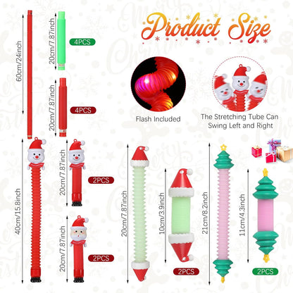 16 Pcs Christmas LED Light up Tubes Toys Sensory Fidget Stretch Tubes Santa Snowman Glow Tubes Pull and Stretch Toys for Christmas Party Favors, Goodie Bag Stuffers